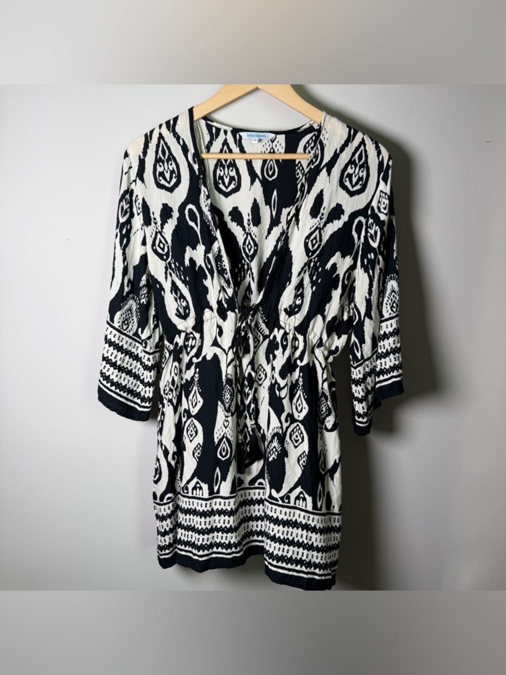 Blue Island Boho Ikat Mini Dress | Black & White | Size M | Vacation Resortwear